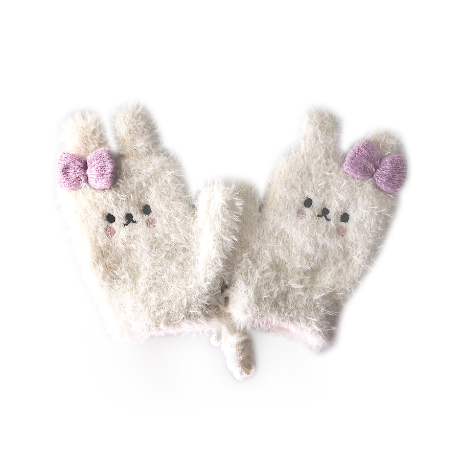 手袋动物园 防寒保暖带挂绳儿童可爱手套 兔子 白色 1双